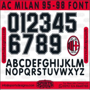 Download the AC MILAN 95-98 Font by Sports Designss – a premium football jersey font inspired by modern kits. Perfect for creating professional soccer designs, team jerseys, and custom branding projects.
