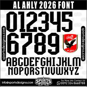 Download the AL AHLY 2026 Font by Sports Designss – a premium football jersey font inspired by modern kits. Perfect for creating professional soccer designs, team jerseys, and custom branding projects.