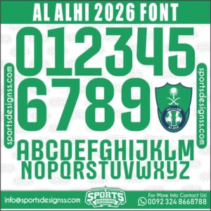 Download the AL ALHI 2026 Font by Sports Designss – a premium football jersey font inspired by modern kits. Perfect for creating professional soccer designs, team jerseys, and custom branding projects.