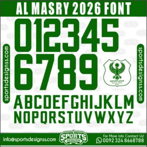 Download the AL MASRY 2026 Font by Sports Designss – a premium football jersey font inspired by modern kits. Perfect for creating professional soccer designs, team jerseys, and custom branding projects.