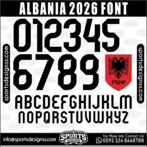 Download the ALBANIA 2026 Font by Sports Designss – a premium football jersey font inspired by modern kits. Perfect for creating professional soccer designs, team jerseys, and custom branding projects.