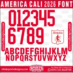 Download the AMERICA CALI 2026 Font by Sports Designss – a premium football jersey font inspired by modern kits. Perfect for creating professional soccer designs, team jerseys, and custom branding projects.