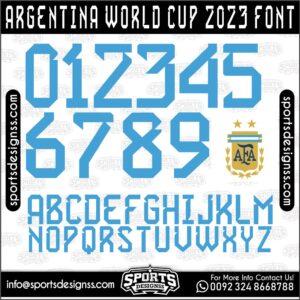 Download the ARGENTINA WORLD CUP 2023 Font by Sports Designss – a premium football jersey font inspired by modern kits. Perfect for creating professional soccer designs, team jerseys, and custom branding projects.