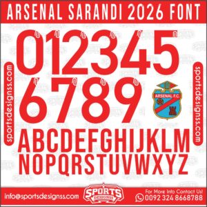 Download the ARSENAL SARANDI 2026 Font by Sports Designss – a premium football jersey font inspired by modern kits. Perfect for creating professional soccer designs, team jerseys, and custom branding projects.