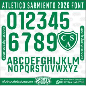 Download the ATLETICO SARMIENTO 2026 Font by Sports Designss – a premium football jersey font inspired by modern kits. Perfect for creating professional soccer designs, team jerseys, and custom branding projects.