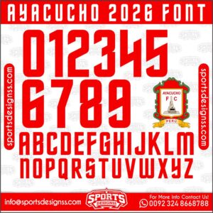 Download the AYACUCHO 2026 Font by Sports Designss – a premium football jersey font inspired by modern kits. Perfect for creating professional soccer designs, team jerseys, and custom branding projects.