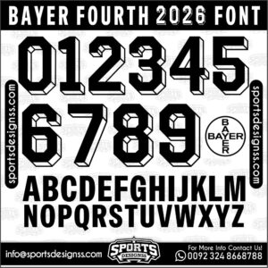 Download the BAYER FOURTH 2026 Font by Sports Designss – a premium football jersey font inspired by modern kits. Perfect for creating professional soccer designs, team jerseys, and custom branding projects.