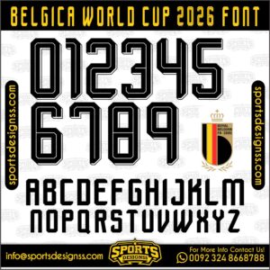 Download the BELGICA WORLD CUP 2026 Font by Sports Designss – a premium football jersey font inspired by modern kits. Perfect for creating professional soccer designs, team jerseys, and custom branding projects.