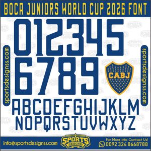 Download the BOCA JUNIORS WORLD CUP 2026 Font by Sports Designss – a premium football jersey font inspired by modern kits. Perfect for creating professional soccer designs, team jerseys, and custom branding projects.