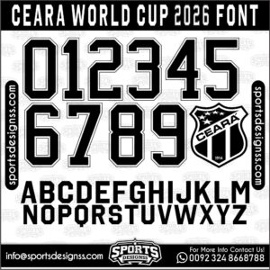 Download the CEARA WORLD CUP 2026 Font by Sports Designss – a premium football jersey font inspired by modern kits. Perfect for creating professional soccer designs, team jerseys, and custom branding projects.