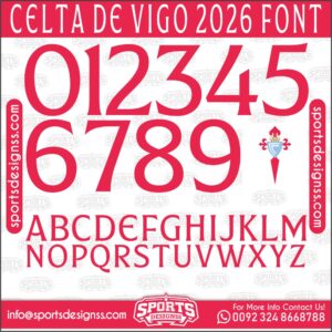 Download the CELTA DE VIGO 2026 Font by Sports Designss – a premium football jersey font inspired by modern kits. Perfect for creating professional soccer designs, team jerseys, and custom branding projects.