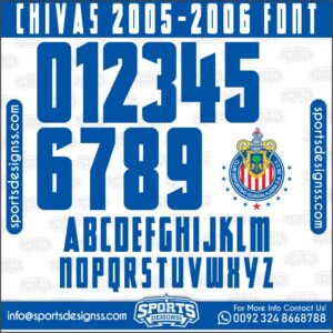 Download the CHIVAS 2005-2006 Font by Sports Designss – a premium football jersey font inspired by modern kits. Perfect for creating professional soccer designs, team jerseys, and custom branding projects.