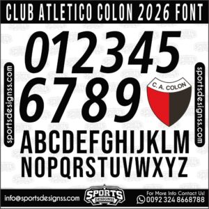 Download the CLUB ATLETICO COLON 2026 Font by Sports Designss – a premium football jersey font inspired by modern kits. Perfect for creating professional soccer designs, team jerseys, and custom branding projects.