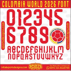 Download the COLOMBIA WORLD 2026 Font by Sports Designss – a premium football jersey font inspired by modern kits. Perfect for creating professional soccer designs, team jerseys, and custom branding projects.