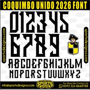 Download the COQUIMBO UNIDO 2026 Font by Sports Designss – a premium football jersey font inspired by modern kits. Perfect for creating professional soccer designs, team jerseys, and custom branding projects.