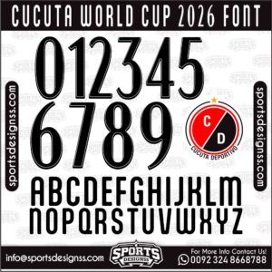 Download the CUCUTA WORLD CUP 2026 Font by Sports Designss – a premium football jersey font inspired by modern kits. Perfect for creating professional soccer designs, team jerseys, and custom branding projects.