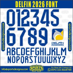 Download the DELFIN 2026 Font by Sports Designss – a premium football jersey font inspired by modern kits. Perfect for creating professional soccer designs, team jerseys, and custom branding projects.