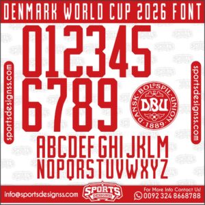 Download the DENMARK WORLD CUP 2026 Font by Sports Designss – a premium football jersey font inspired by modern kits. Perfect for creating professional soccer designs, team jerseys, and custom branding projects.