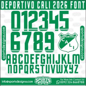 Download the DEPORTIVO CALI 2026 Font by Sports Designss – a premium football jersey font inspired by modern kits. Perfect for creating professional soccer designs, team jerseys, and custom branding projects.