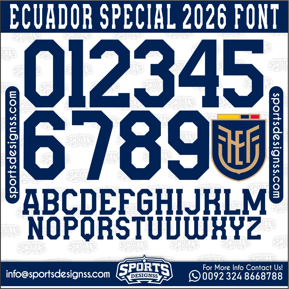 Download the ECUADOR SPECIAL 2026 Font by Sports Designss – a premium football jersey font inspired by modern kits. Perfect for creating professional soccer designs, team jerseys, and custom branding projects.