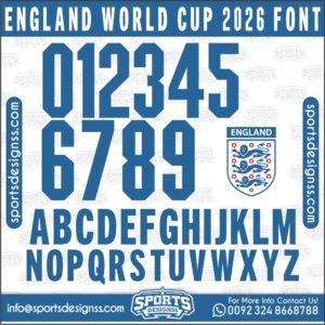 Download the ENGLAND WORLD CUP 2026 Font by Sports Designss – a premium football jersey font inspired by modern kits. Perfect for creating professional soccer designs, team jerseys, and custom branding projects.