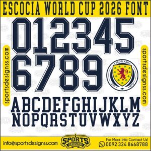 Download the ESCOCIA WORLD CUP 2026 Font by Sports Designss – a premium football jersey font inspired by modern kits. Perfect for creating professional soccer designs, team jerseys, and custom branding projects.
