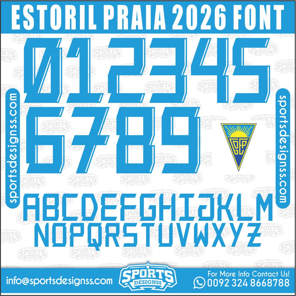 Download the ESTORIL PRAIA 2026 Font by Sports Designss – a premium football jersey font inspired by modern kits. Perfect for creating professional soccer designs, team jerseys, and custom branding projects.