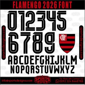 Download the FLAMENGO 2026 Font by Sports Designss – a premium football jersey font inspired by modern kits. Perfect for creating professional soccer designs, team jerseys, and custom branding projects.