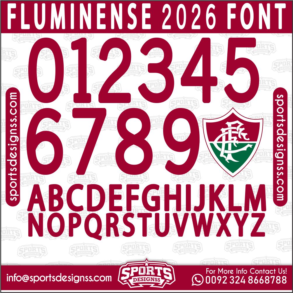 Download the FLUMINENSE 2026 Font by Sports Designss – a premium football jersey font inspired by modern kits. Perfect for creating professional soccer designs, team jerseys, and custom branding projects.