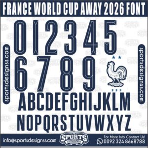 Download the FRANCE WORLD CUP AWAY 2026 Font by Sports Designss – a premium football jersey font inspired by modern kits. Perfect for creating professional soccer designs, team jerseys, and custom branding projects.