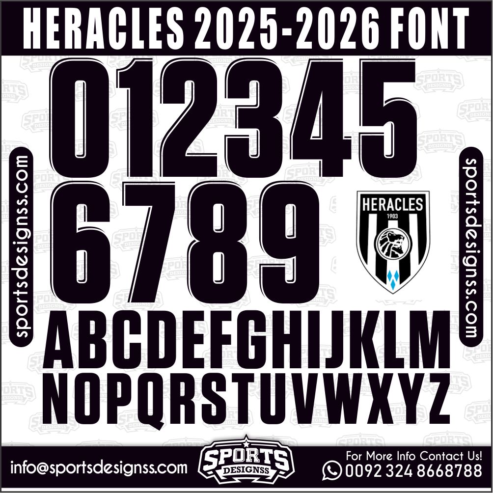 Download the HERACLES 2026 Font by Sports Designss – a premium football jersey font inspired by modern kits. Perfect for creating professional soccer designs, team jerseys, and custom branding projects.
