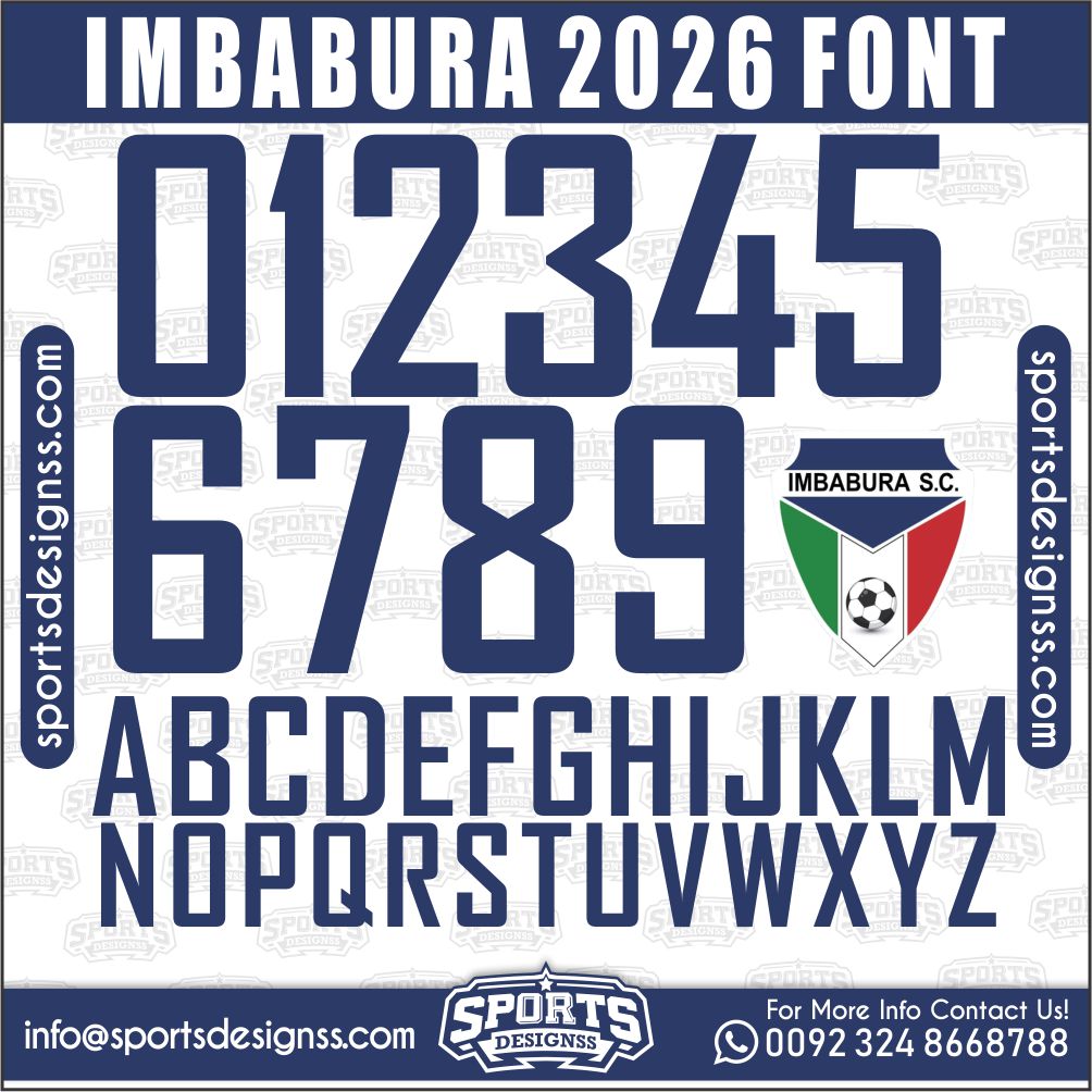 Download the IMBABURA 2026 Font by Sports Designss – a premium football jersey font inspired by modern kits. Perfect for creating professional soccer designs, team jerseys, and custom branding projects.