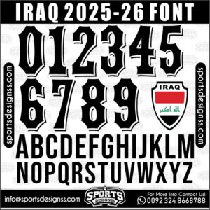 Download the IRAQ 2026 Font by Sports Designss β a premium football jersey font inspired by modern kits. Perfect for creating professional soccer designs, team jerseys, and custom branding projects.