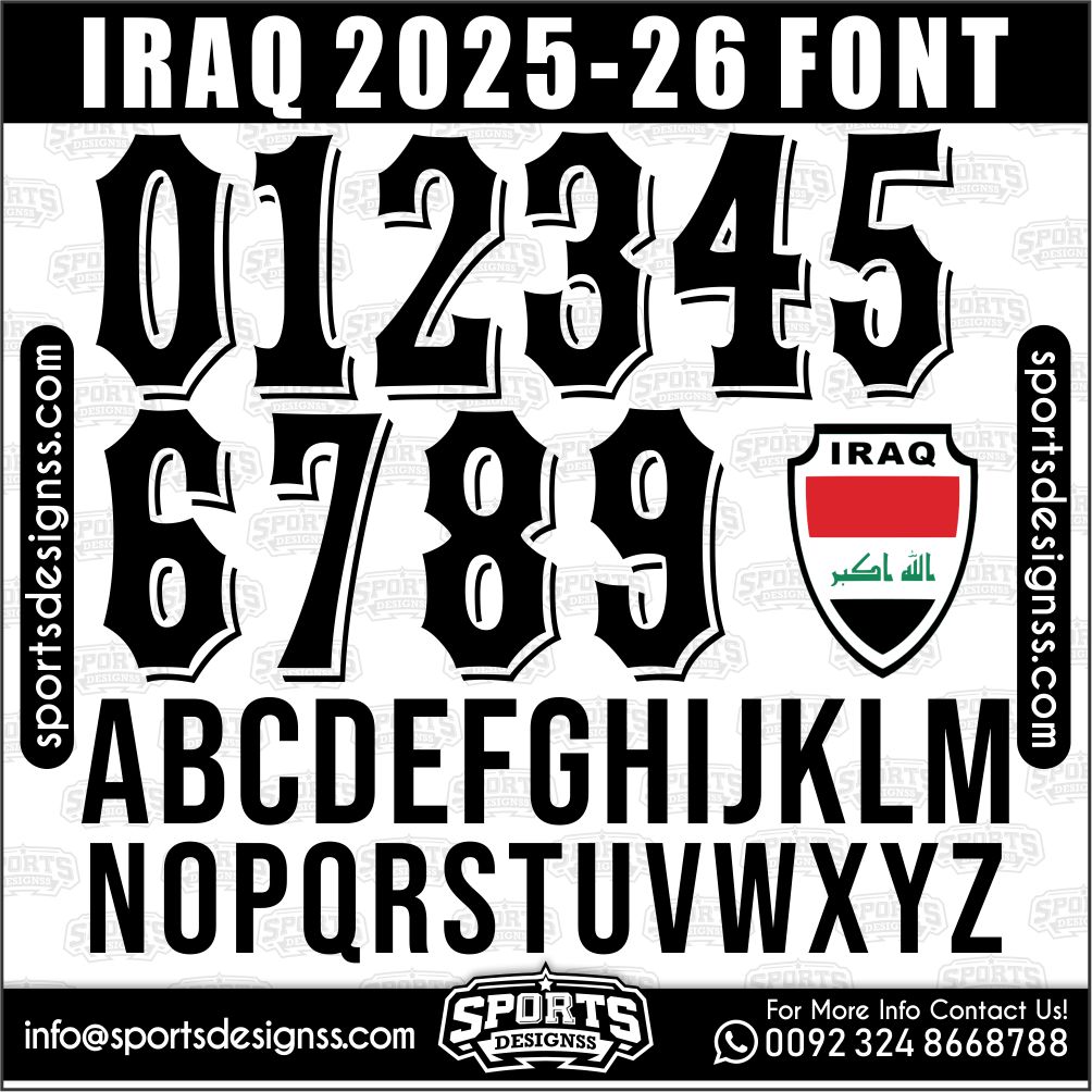 Download the IRAQ 2026 Font by Sports Designss – a premium football jersey font inspired by modern kits. Perfect for creating professional soccer designs, team jerseys, and custom branding projects.