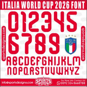 Download the ITALIA WORLD CUP 2026 Font by Sports Designss – a premium football jersey font inspired by modern kits. Perfect for creating professional soccer designs, team jerseys, and custom branding projects.