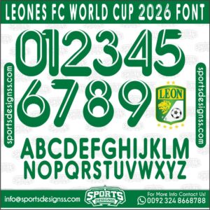 Download the LEONES FC WORLD CUP 2026 Font by Sports Designss – a premium football jersey font inspired by modern kits. Perfect for creating professional soccer designs, team jerseys, and custom branding projects.