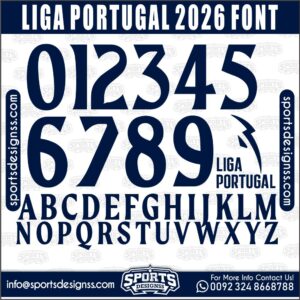Download the LIGA PORTUGAL 2026 Font by Sports Designss – a premium football jersey font inspired by modern kits. Perfect for creating professional soccer designs, team jerseys, and custom branding projects.