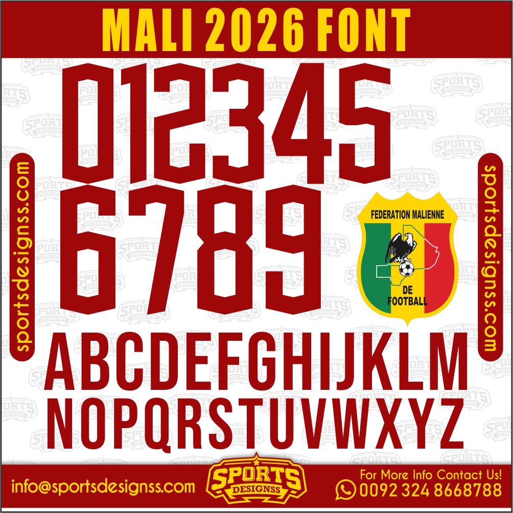 Download the MALI 2026 Font by Sports Designss – a premium football jersey font inspired by modern kits. Perfect for creating professional soccer designs, team jerseys, and custom branding projects.
