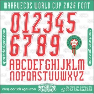 Download the MARRUECOS WORLD CUP 2026 Font by Sports Designss – a premium football jersey font inspired by modern kits. Perfect for creating professional soccer designs, team jerseys, and custom branding projects.