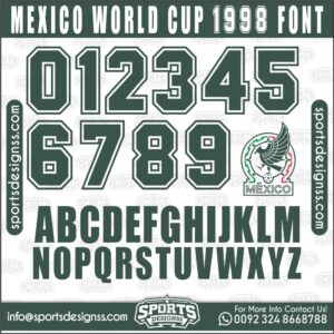Download the MEXICO WORLD CUP 1998 Font by Sports Designss – a premium football jersey font inspired by modern kits. Perfect for creating professional soccer designs, team jerseys, and custom branding projects.
