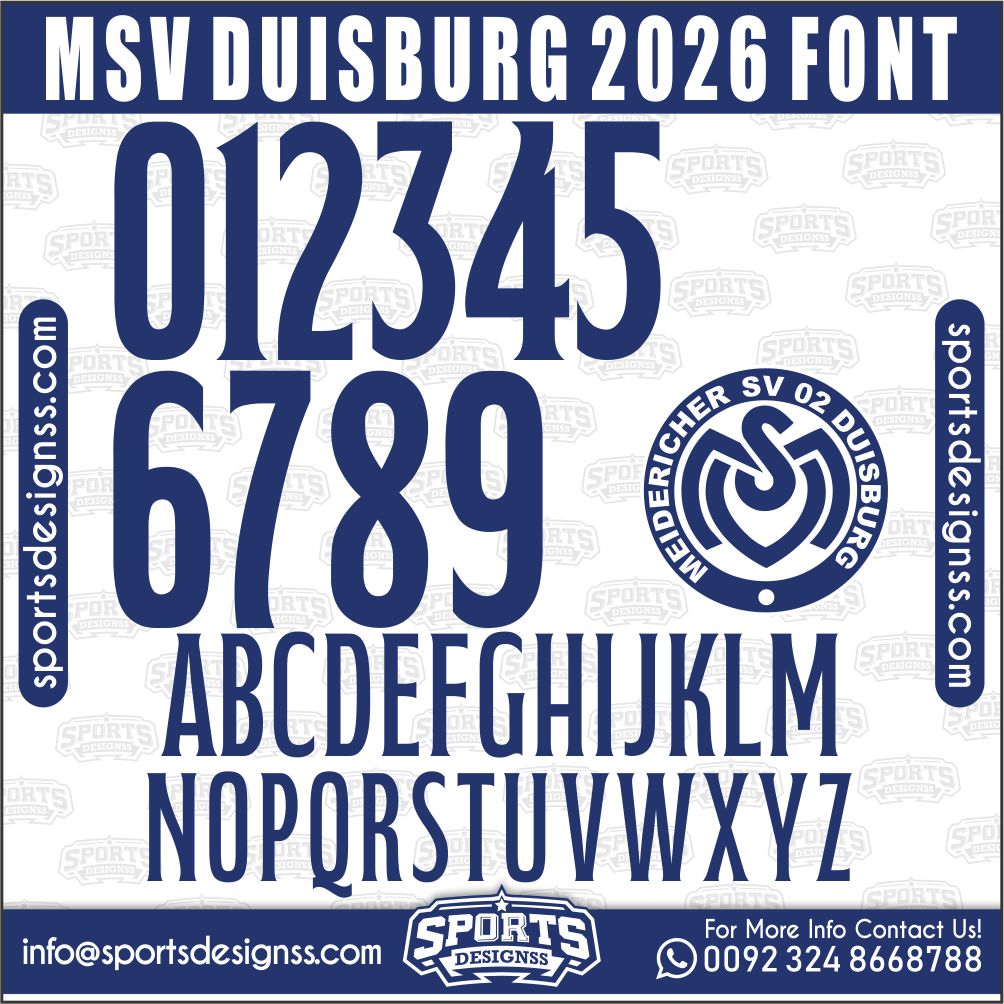 Download the MSV DUISBURG 2026 Font by Sports Designss – a premium football jersey font inspired by modern kits. Perfect for creating professional soccer designs, team jerseys, and custom branding projects.
