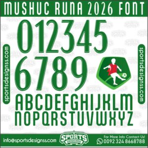 Download the MUSHUC RUNA 2026 Font by Sports Designss – a premium football jersey font inspired by modern kits. Perfect for creating professional soccer designs, team jerseys, and custom branding projects.