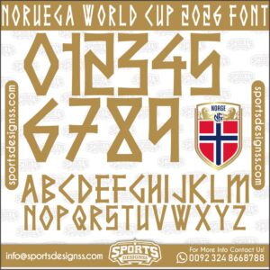 Download the NORUEGA WORLD CUP 2026 Font by Sports Designss – a premium football jersey font inspired by modern kits. Perfect for creating professional soccer designs, team jerseys, and custom branding projects.