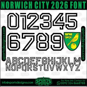 Download the NORWICH CITY 2026 Font by Sports Designss – a premium football jersey font inspired by modern kits. Perfect for creating professional soccer designs, team jerseys, and custom branding projects.