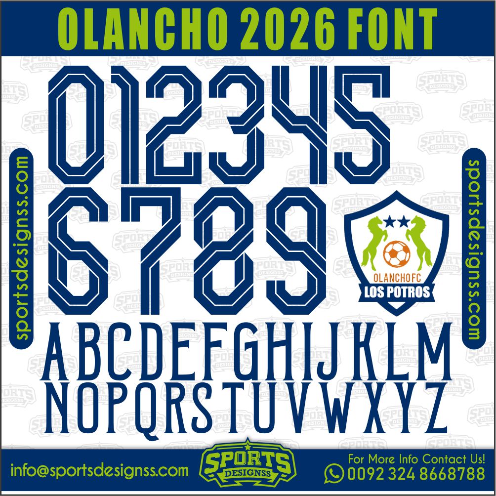 Download the OLANCHO 2026 Font by Sports Designss – a premium football jersey font inspired by modern kits. Perfect for creating professional soccer designs, team jerseys, and custom branding projects.