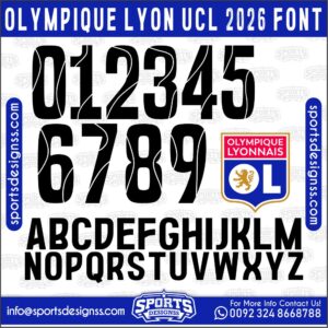Download the OLYMPIQUE LYON UCL 2026 Font by Sports Designss – a premium football jersey font inspired by modern kits. Perfect for creating professional soccer designs, team jerseys, and custom branding projects.