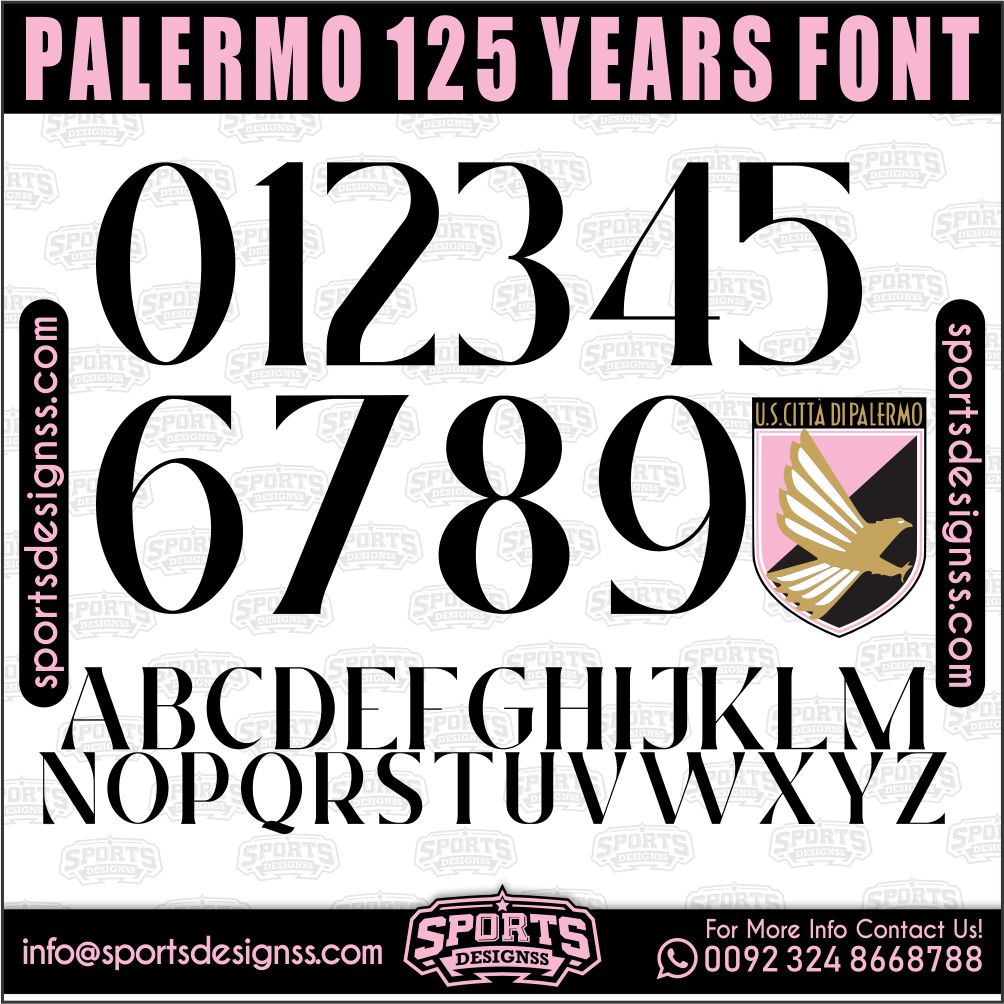 Download the PALERMO 125 YEARS 2026 Font by Sports Designss – a premium football jersey font inspired by modern kits. Perfect for creating professional soccer designs, team jerseys, and custom branding projects.