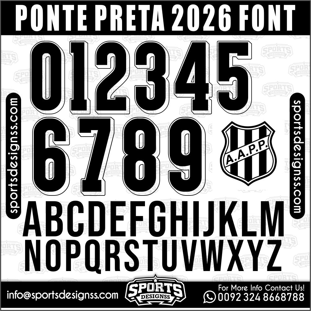 Download the PONTE PRETA 2026 Font by Sports Designss – a premium football jersey font inspired by modern kits. Perfect for creating professional soccer designs, team jerseys, and custom branding projects.