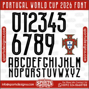 Download the PORTUGAL WORLD CUP 2026 Font by Sports Designss – a premium football jersey font inspired by modern kits. Perfect for creating professional soccer designs, team jerseys, and custom branding projects.