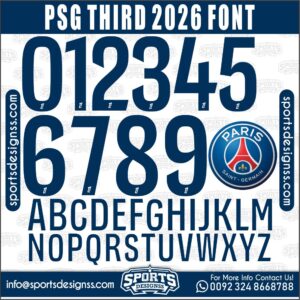 Download the PSG THIRD 2026 Font by Sports Designss – a premium football jersey font inspired by modern kits. Perfect for creating professional soccer designs, team jerseys, and custom branding projects.